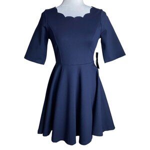 Lulus NWT Tip the Scallops Navy Blue Scalloped Skater Dress Cocktail Womens Sz S